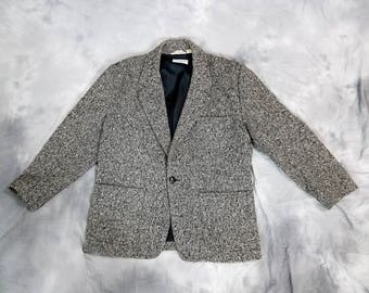 Designer Yves Saint Laurent jacket, YSL, tweed wool blend black and white blazer, XL, size 40