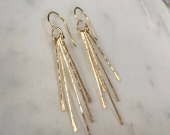 Gold fringe earrings, gold tassel earrings, hammered bar earrings, long fringe earrings, gold dangle earrings, linear earrings