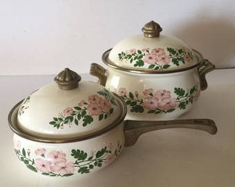 Two Pot Enamelware Set with Pink Flowers