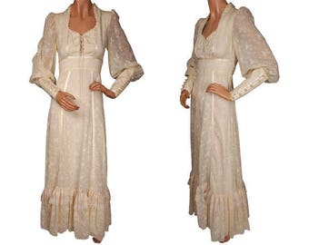 Vintage 1970s Gunne Sax by Jessica Voile Cotton Maxi Dress - Cream White - S