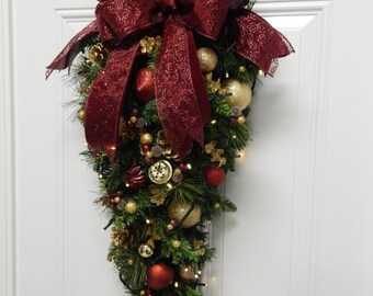 Christmas Tear Drop Swag Burgundy Lace, Timer, Cordless, Battery operated, on sale,