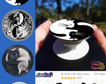 Ying Yang Cat Feline | Upgrade Decal Cover or Pop Socket Available | Pop Phone grip Sticker