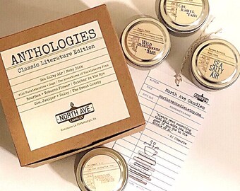 Anthologies / Classic Literature / Candle Tin Sample Box / Literary Candle / Book Themed Candles/Mark Twain/Salinger/Gatsby candle/anthology