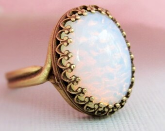 Opal Ring, Large Pinfire Opal Ring, October Birthstone, Adjustable Glass Opal Ring, White Opal, October Birthstone, Opal Jewelry
