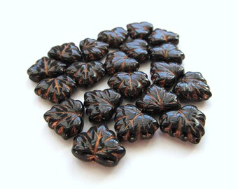 Jet Black Czech Glass Maple Leaf Beads with Copper Inlay, 13mm - 10 pieces