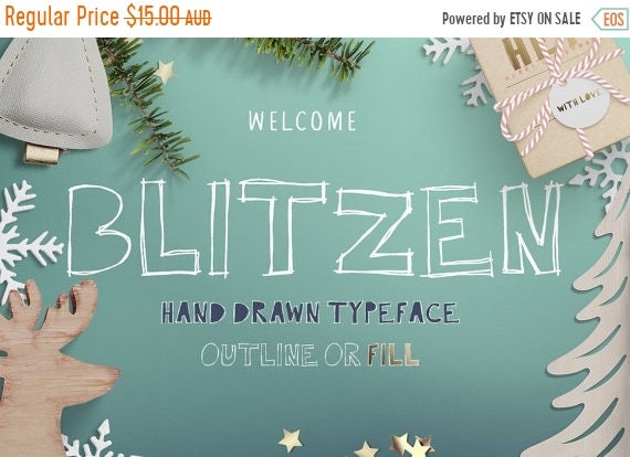70% OFF Sale Blitzen Display Font, Hand Drawn scribbly Display typeface with outlines and center fill