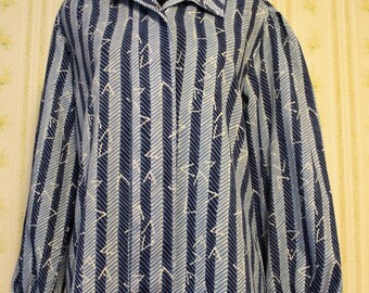 1970s Judy Bond Secretary Blouse, Blue & White, Placket, 6P, Small