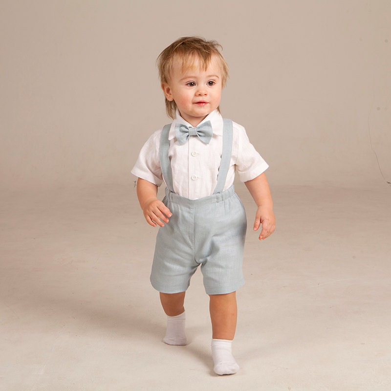 Boy ring bearer outfit baby boy linen suspenders suit first