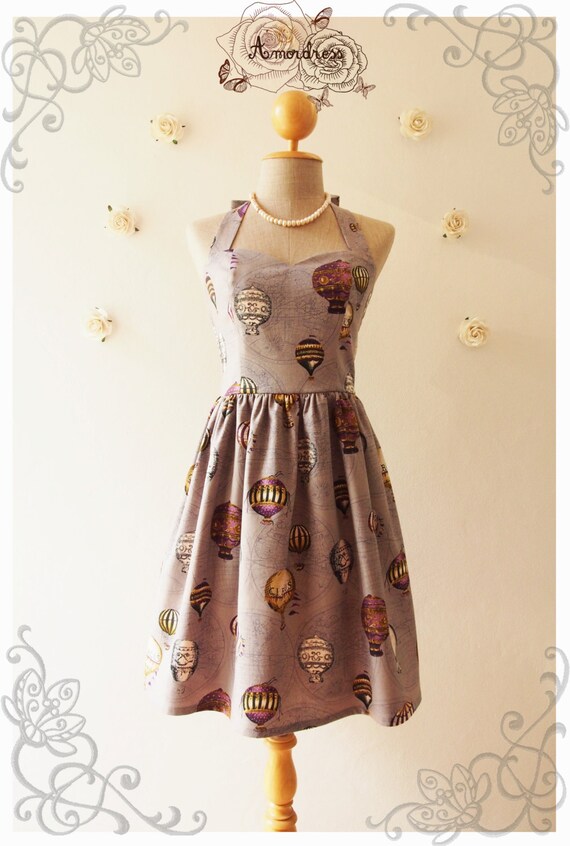 love journey balloon world map dress swing dance dress summer dress whimsical sundress vintage inspired dress party dress grayish purple