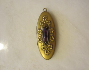Final Reduction Lovely Oval Gold Pinchbeck Locket with Amethyst Stone Ribbon Surround