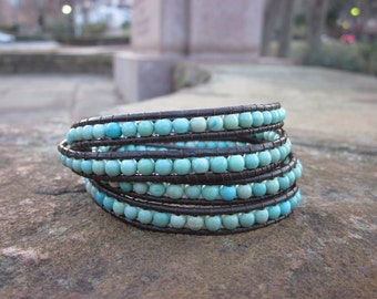Leather Beaded Wrap Bracelet - Brown and Turquoise