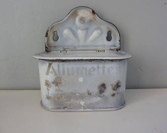 Vintage French Enamel ALLUMETTES Match Box Shabby Chic Blue White Grey Kitchenalia Antique Enamelware