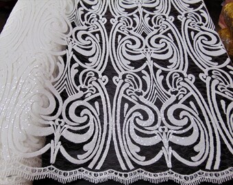 ART NOUVEAU Damask WHITE Sequin Mesh Polyester Lace Large Fancy Elegant Apparel Wedding Dress Prom Veil Fabric By the Yard 52" Wide
