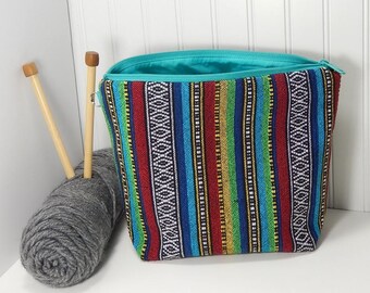 Knitting bag with zipper Peru ethnic style fabric Crochet project bag, small work in progress knitters gift, gift for knitter, crochet gift