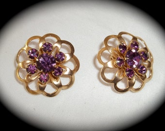 Vintage Amethyst Rhinestone Clip Back Earrings