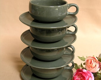 Mid-Century Russel Wright Teacups and Saucers / Set of 4 / by Steubenville Pottery USA / Cedar Green Pattern