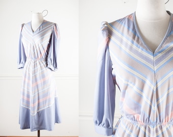Chevron Striped 70s Dress, Boho Dress, Midi Dress, Pastel Striped Dress, Vintage 70s Day Dress, Bohemian Clothing, Mod Dress, Retro Dress