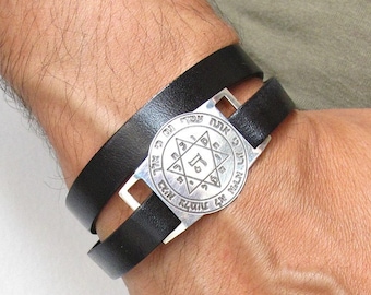 Kabbalah artisan bracelet sterling silver leather wrap bangle star of david blessing luck and protection