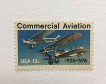 10 Commercial Aviation 13c US postage stamps unused - Vintage 1977 - blue airplane flight