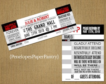Concert Ticket Wedding Invitation,Red,Black,White,Event Ticket,Rock and Roll,Country,Punk,Fun,Unique,Romantic,Custom,Printed Invitations