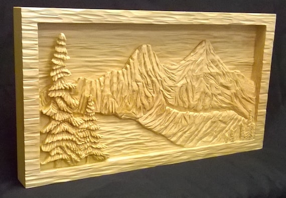 Mountain lake relief carving sugar pine Mountain lake relief carving sugar pine