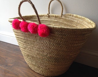 Moroccan Pink Pom Pom Basket, French Market Beach Bag