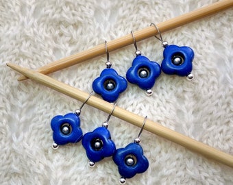 knitting stitch markers - snag free - cobalt indigo semi precious stones 15mm flowers - set of 6 - two loop sizes available