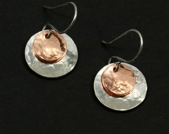 Hammered Silver and Copper Earrings, Sterling Silver Earrings, Hammered Silver Earrings, Hammered Copper Earrings, Hammered Earrings