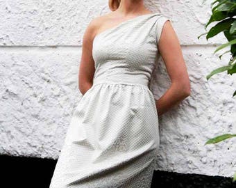 One shoulder blue below knee dress, women dress, off the shoulder dress, evening wear, evening dress, bridesmaid dress