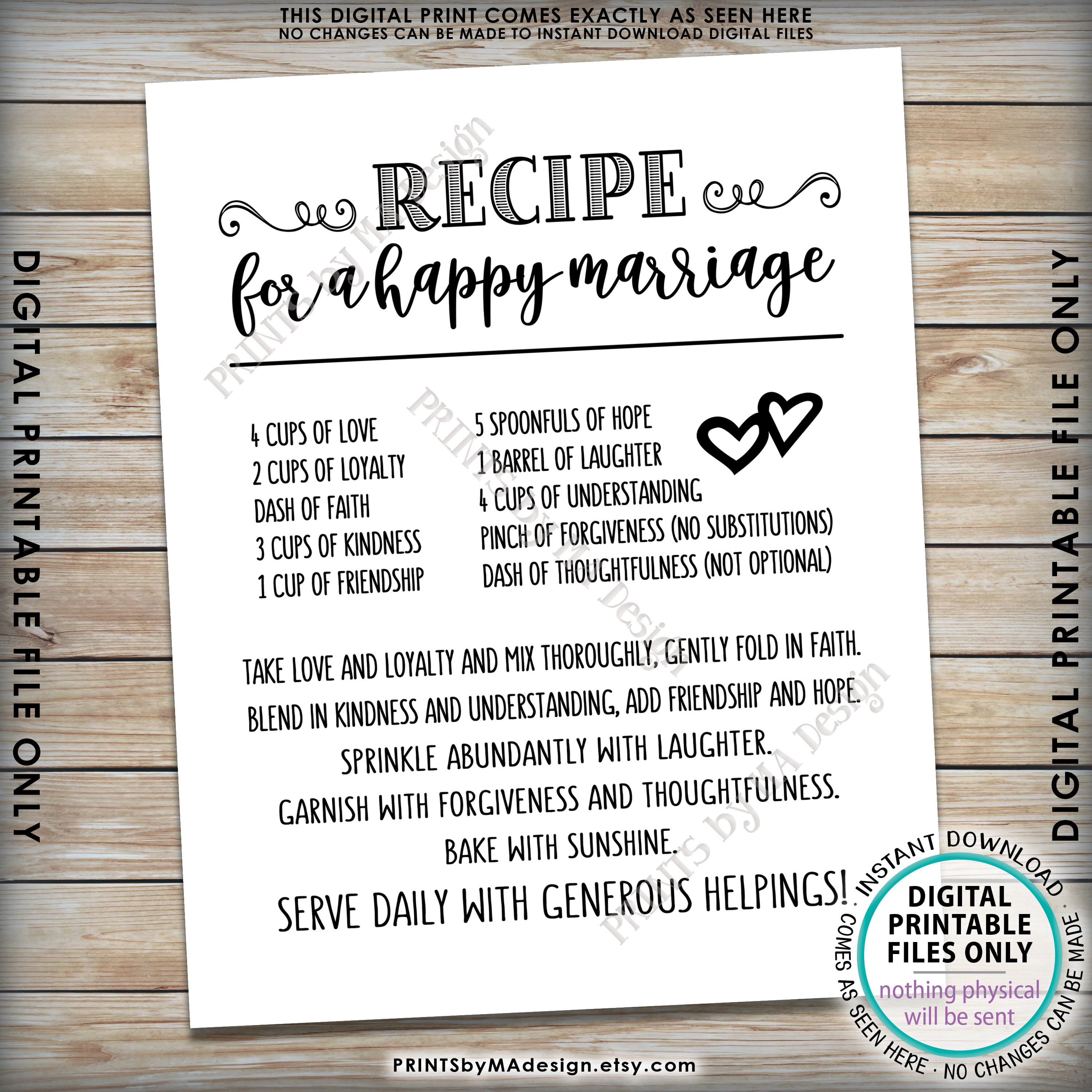 Recipe for a Happy Marriage Sign, Key to a Happy Marriage, Funny, Cute