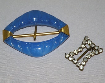 1930s Czechoslovakia Heavenly Blue Glass Belt Buckle and Tiny Rhinestone Buckle