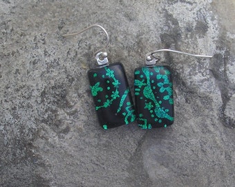 Green and Black Etched Fused Dichroic Glass Green Earrings
