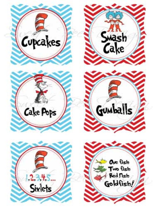 Dr Seuss Thing 1 & Thing 2 Food Labels Birthday Party or Baby