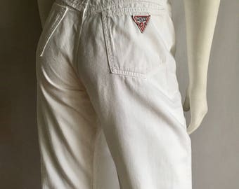Vintage Women's 80's White Guess Jeans, High Waisted, Denim (M/L)