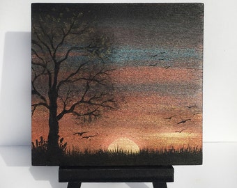Tree at dusk - silhouette - miniature miniature limited edition print mounted on wood