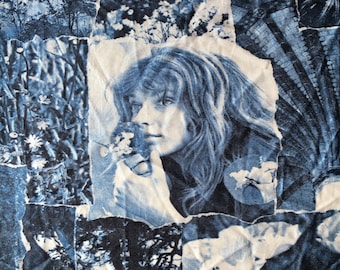 Amazing 70s photo print fabric moody blue birds garden sculptures women nylon polyester look wide 2 yards available