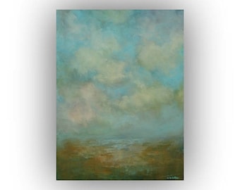 Small Abstract Landscape, Blue and Green, Original Palette Knife Oil Painting, 12 x 16 Sky Clouds and Field Art on Canvas