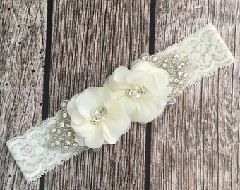 Ivory headband, rhinestone headband, flower girl headband, vintage headband, lace headband, rhinestone and pear, flower girl