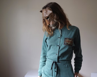 Sportswear jumpsuit 90s Celadon Jade Green / French vintage Sweatshirt Jogging pants overalls romper pantsuit // Size S