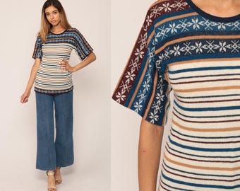 Boho Shirt Short Sleeve Sweater Top 70s Fair Isle Sweater Nordic Knit Shirt Striped 80s Vintage Hipster Top Bohemian Blue Extra Small xs