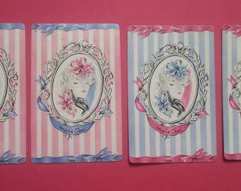 4 vintage playing cards pink/blue stripe lady (E2-205-1)