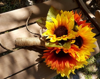Realistic Sunflower Bouquet / Artificial Yellow & Orange Sunflower Wedding Bouquet