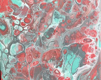 Coral / Mint Fluid Art Abstract Canvas 8" x 8"