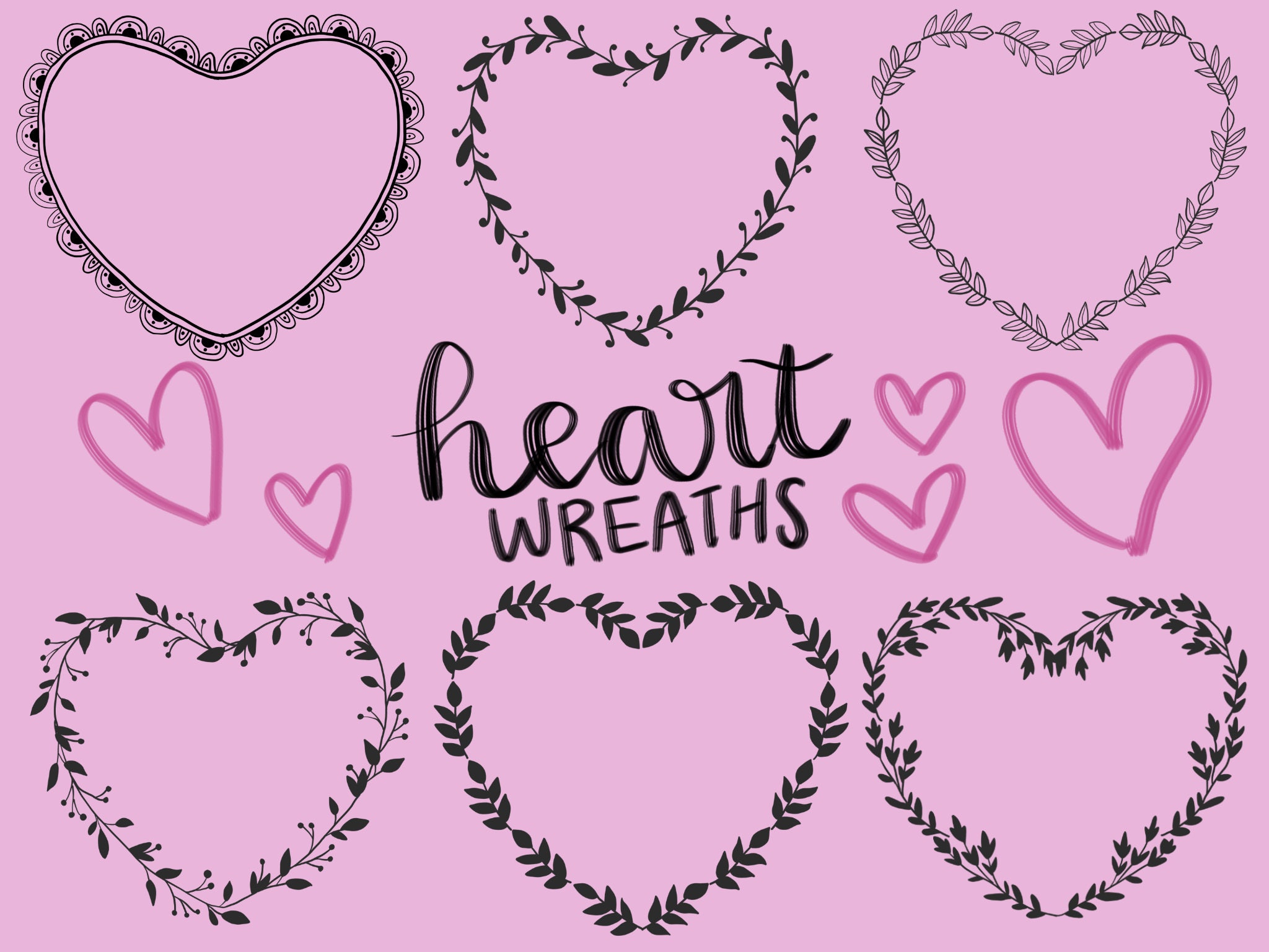 Download HEART FLORAL WREATHS hand-drawn wreaths doodle clipart