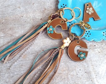 Monogram keychain with tassel, leather key fob, leather key chain, tassel keychains, leather keyring