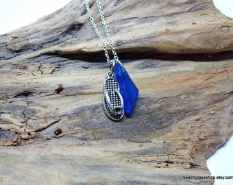 Sea Glass Necklace, Lake Bottle Jewelry, Sterling Sea Glass Pendant, RARE Blue Seaglass, Flip Flop Jewelry
