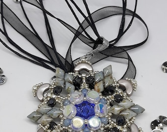 Picasso Green Medallion, eight-pointed star pendant, Swarovski crystals, precision beading creation, fashion triangle pendant.
