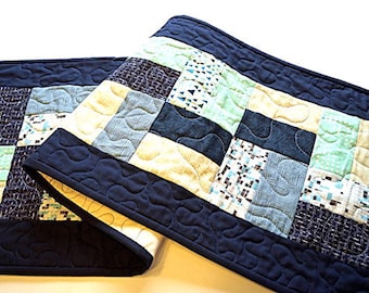 Quilted Table Runner in Modern Patchwork in Shades of Blue