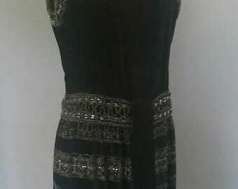 Black Velvet Beaded 20s Evening Dress