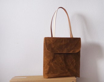 Sale waxed canvas tote bag with front flap and tan leather handles